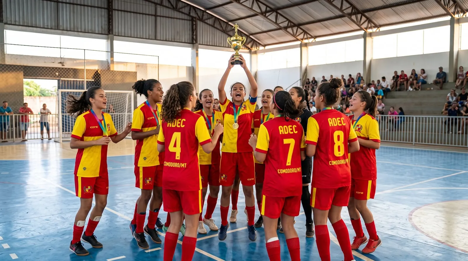 Equipe feminina da ADEC comemora o título em quadra, com uma atleta erguendo o troféu