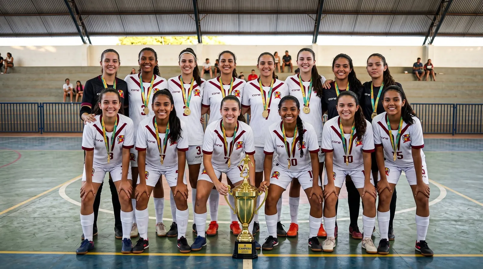 Atletas do futsal feminino da ADEC posam com medalhas e o troféu de campeãs