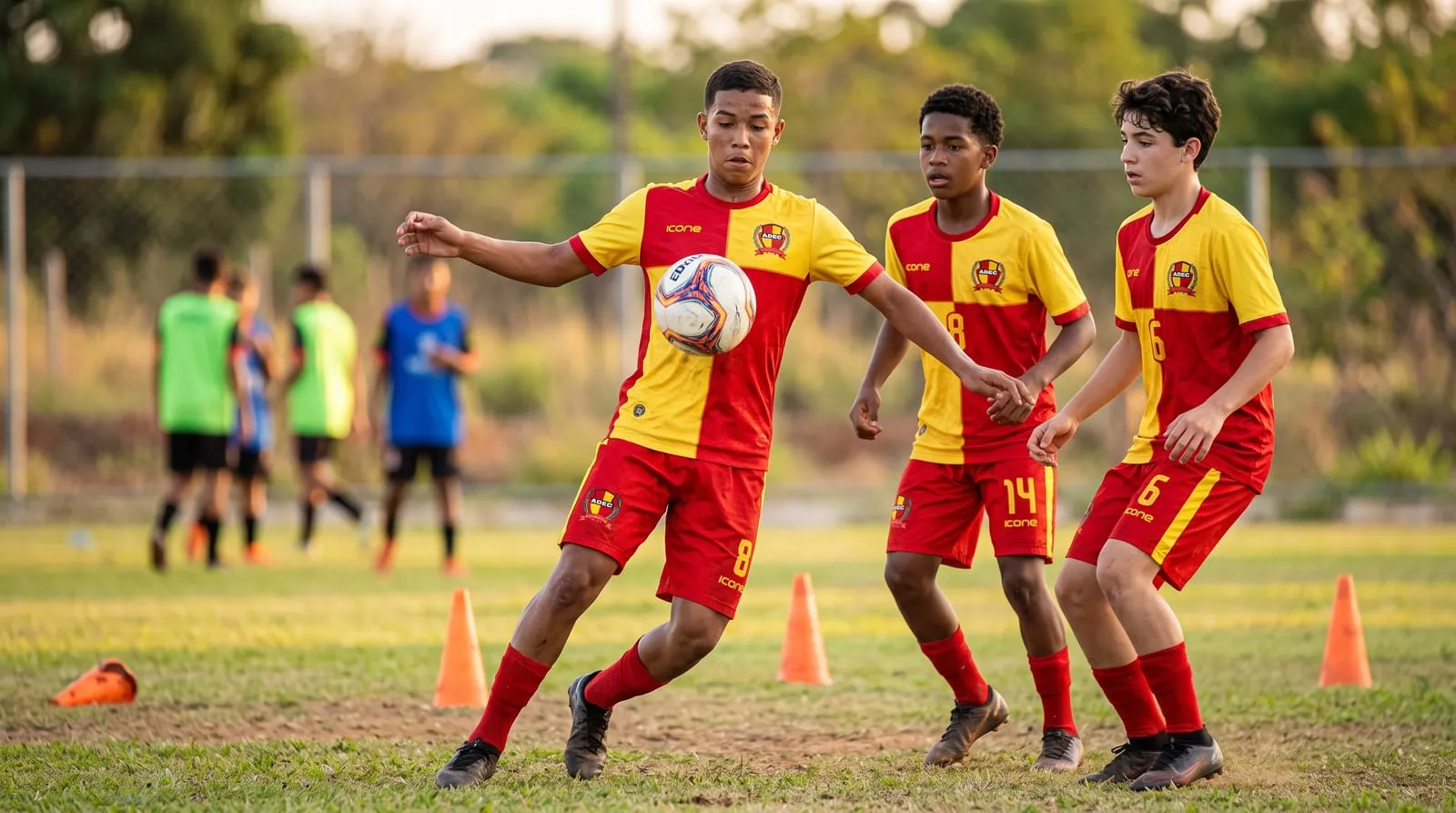 Três atletas da ADEC em treino num campo de futebol, um deles dominando a bola