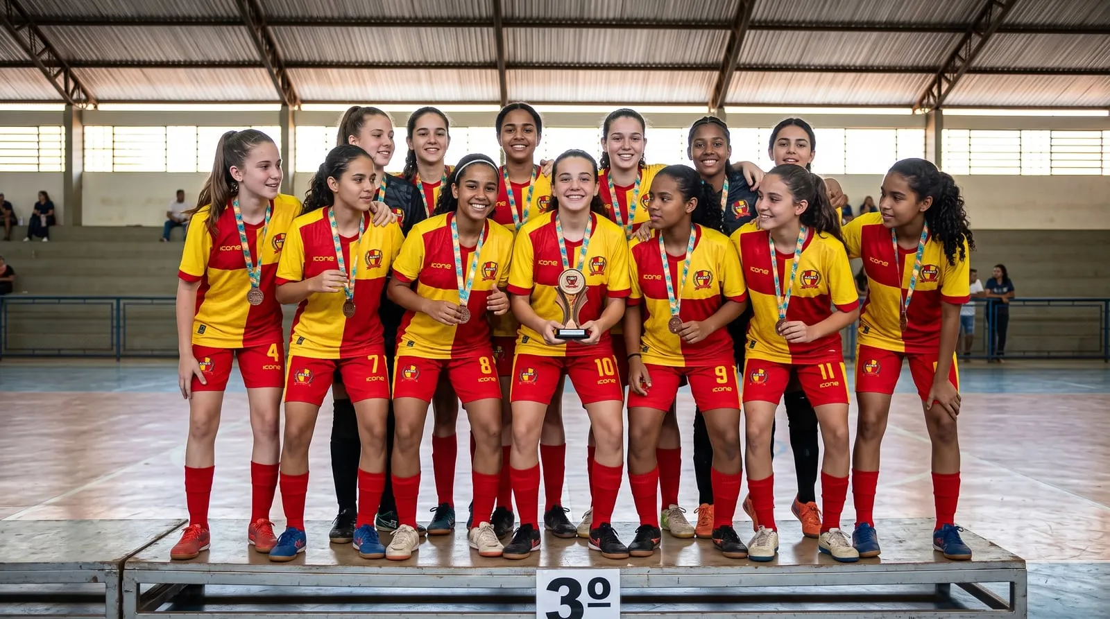 Equipe Sub-14 feminina da ADEC no pódio de 3º lugar, com medalhas de bronze