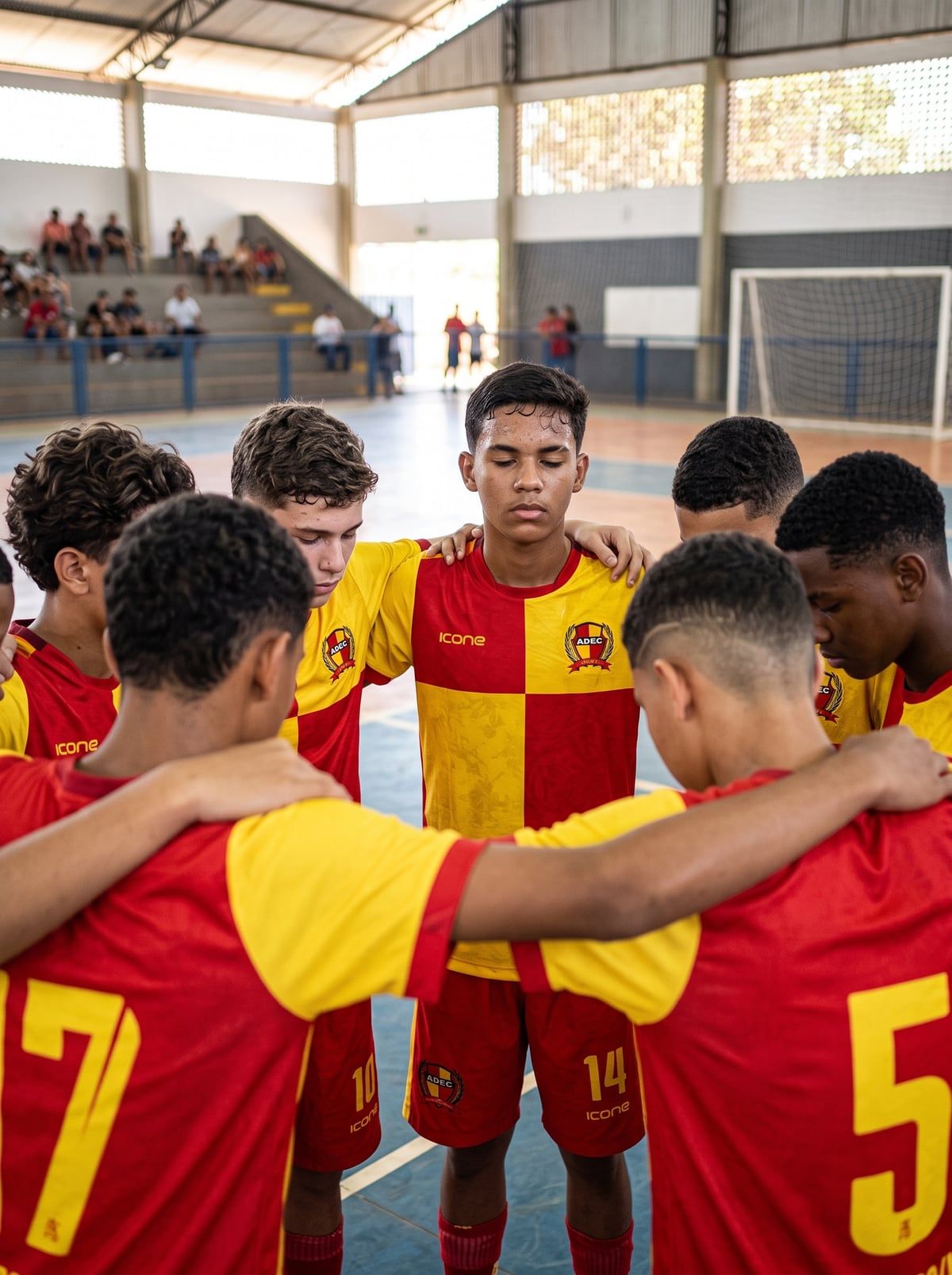 Atletas da ADEC reunidos em roda antes do jogo